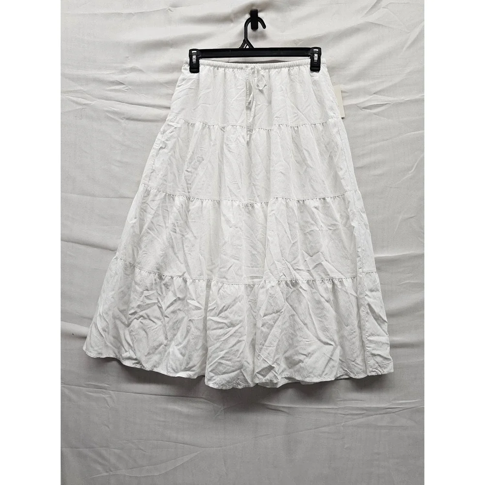 A New Day Womens Tiered Midi Skirt White Rayon Blend Casual Size Medium